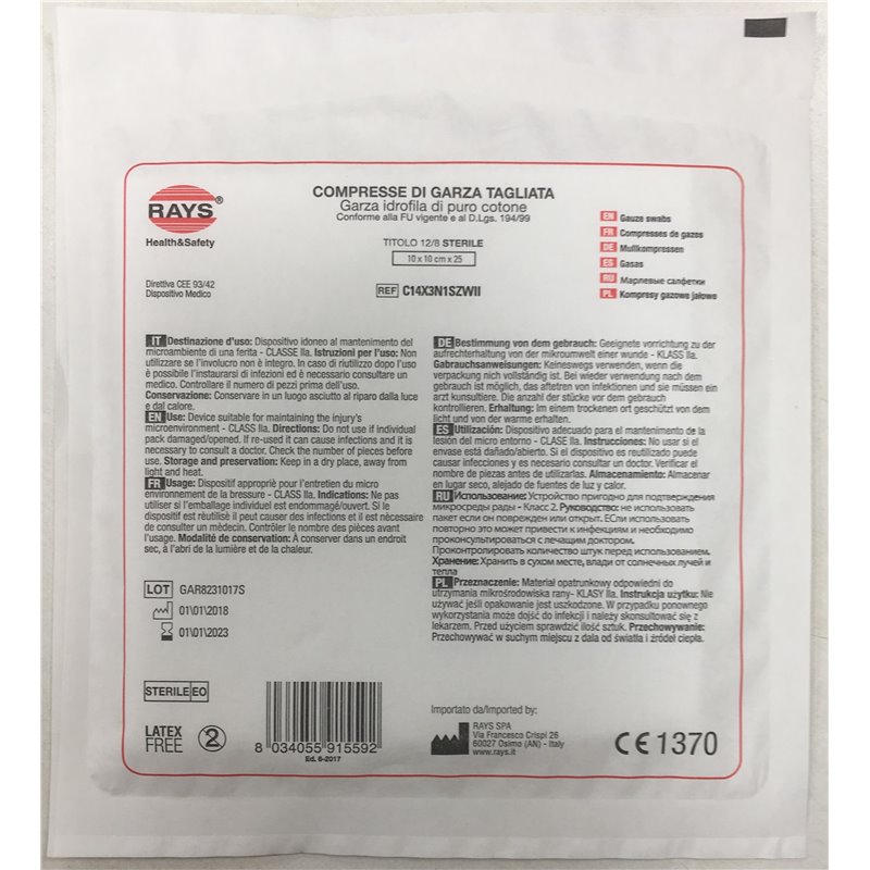GARZA COMPR STERILE 10X10CM 1BUSTA RAYS GARZA COMPR STERILE 10X10CM 1BUSTA RAYS